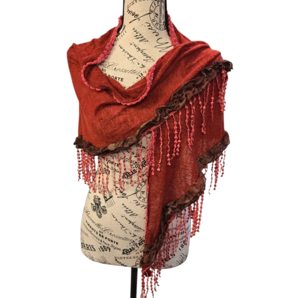 Elegant Red and Brown Handmade Shawl Wrap Scarf